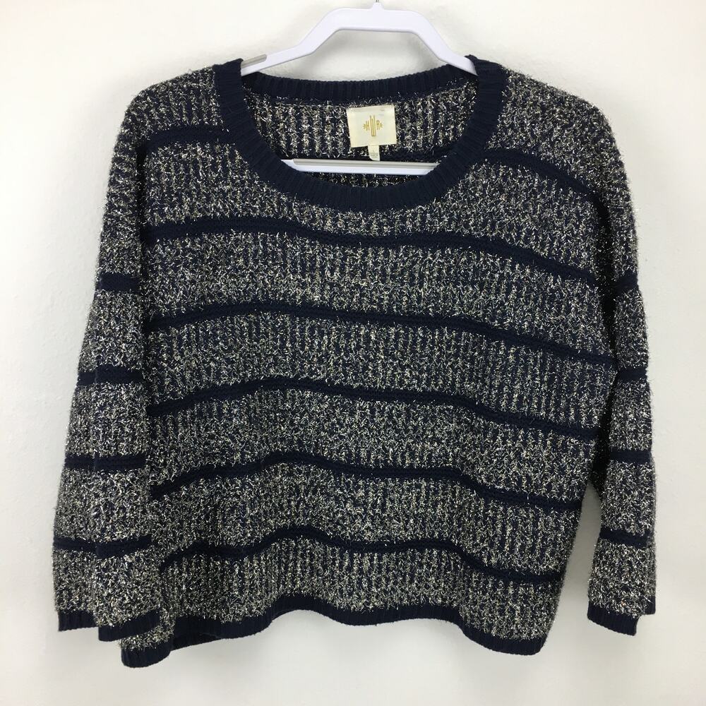 Anthro HWR Monogram Metallic Stripe Cropped Sweater Oversized Black Large